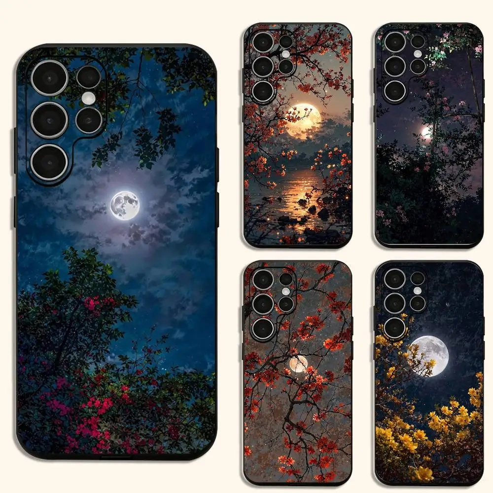 

Moon and Flowers Phone Case for Samsung Galaxy S24 S22 S20 S23 S21 S20 Print Silicone Cover