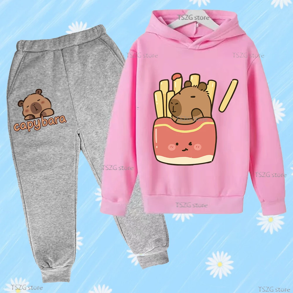 

Children's Hoodies Set Cartoon Capybara Print Boy Girl Trousers Set Fashion Pants Suits Autumn Long Sleeve Kid Hooded Sportsuit