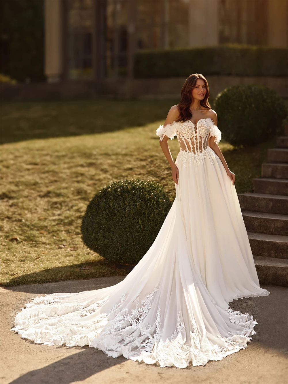 فستان زفاف شيفون أبيض ناعم مخصص مثير على شكل قلب عاري الكتفين زي العرائس بوهو على شكل حرف a ذيل محكمة رداء de mariée #2