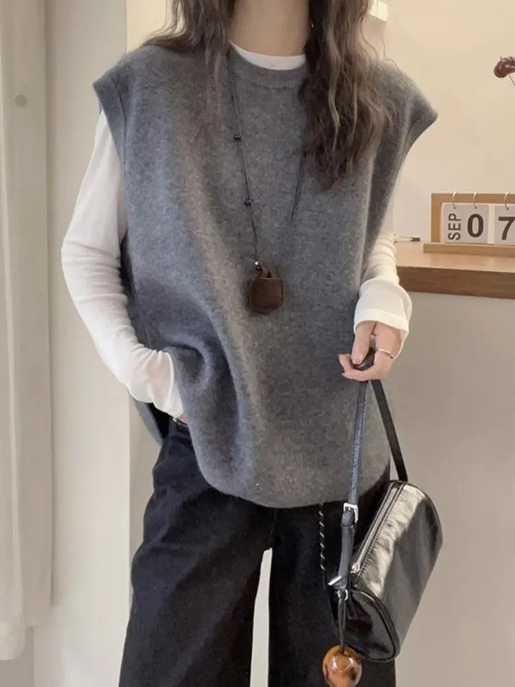 

Retro round Ne Knitted Sweater Vest Women's Loose Svel Outerwear Faionable Versatile Commute Sle Color