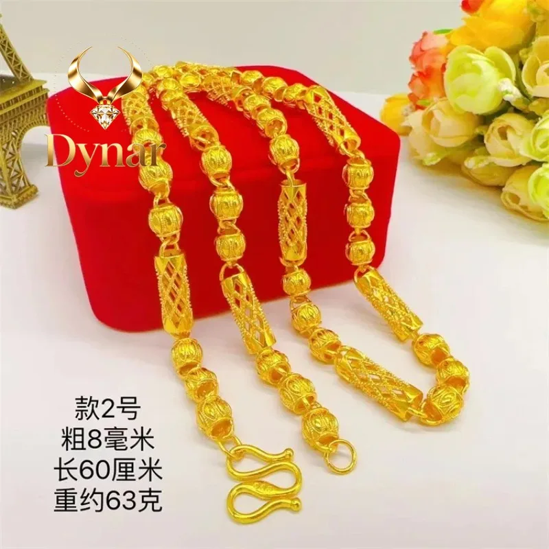 

Dynar Jewelry 9999 24K real gold round bead hexagonal square necklace frosted collarbone chain gold full match men's and women'