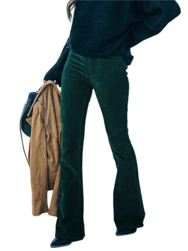 Spring Autumn Solid Color High Waist Slim Micro Flared Pants Women's Corduroy Elastic Waist Casual Long Pants Office Lady Pants