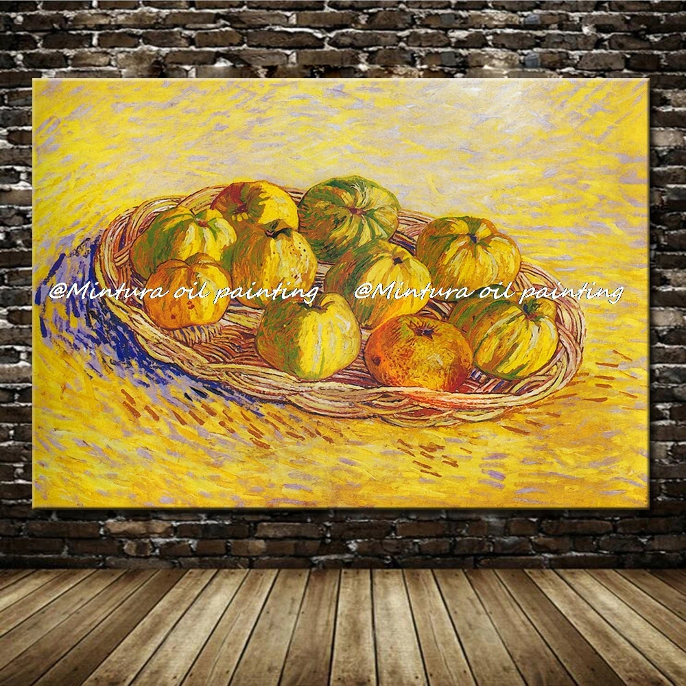 Mintura reproducción hecha a mano Vincent Van Gogh impresionista pinturas al óleo de naturaleza muerta sobre lienzo, vida puntual con cesta de manzanas