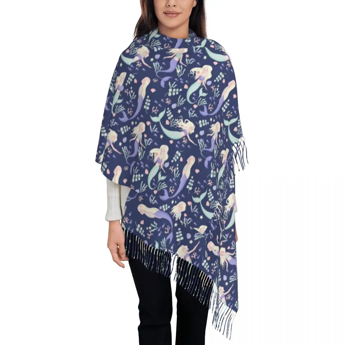 Mermaids Swimming Scarf Unisex Floral Print Scarves Wraps with Tassel Winter Luxury 2024 Shawl Wrap Warm Soft Custom Foulard