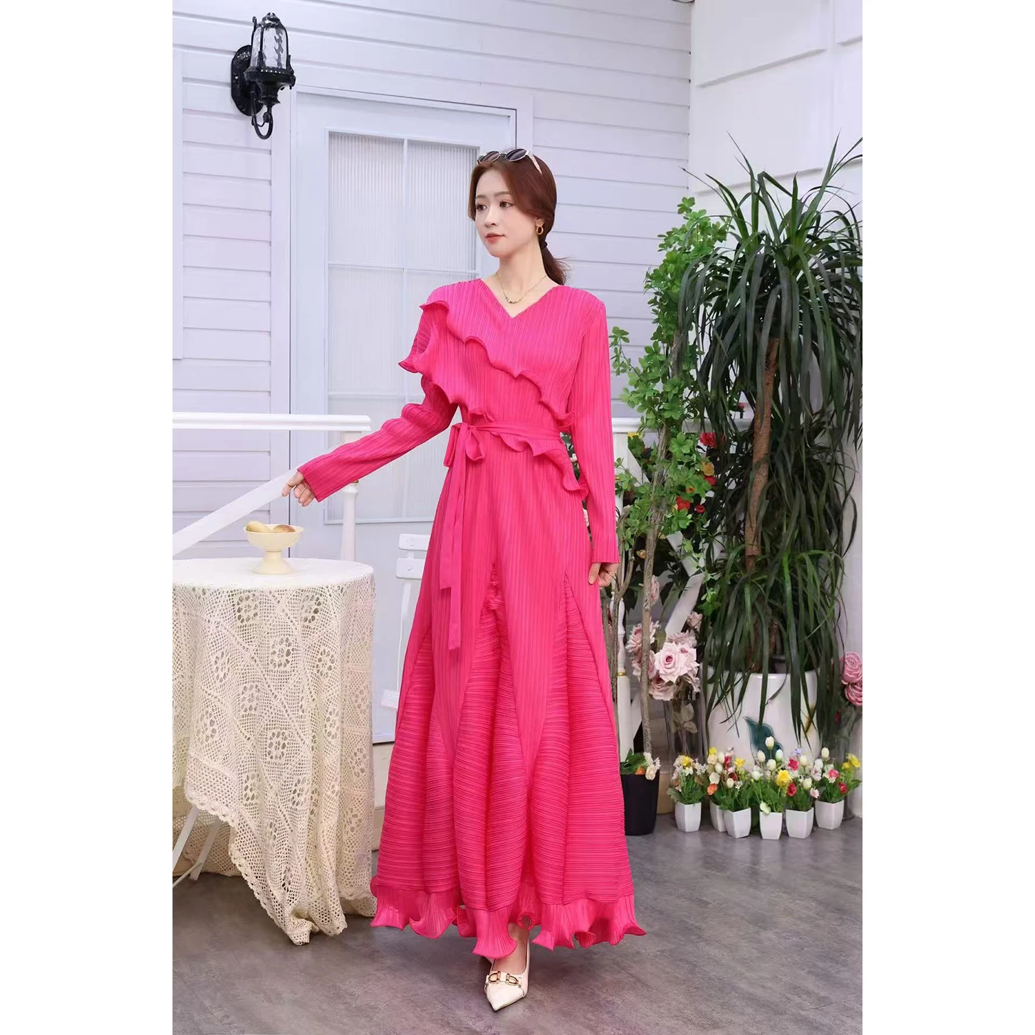 

Изысканное длинное плиссированное платье с поясом, стройнящее, с эффектом «цветочный бутон», женское модное платье