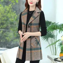 Vintage Printed Button Pockets Plaid Vests Jackets Women Clothing 2024 Autumn Winter New Loose Office Lady Tops All-match Coats