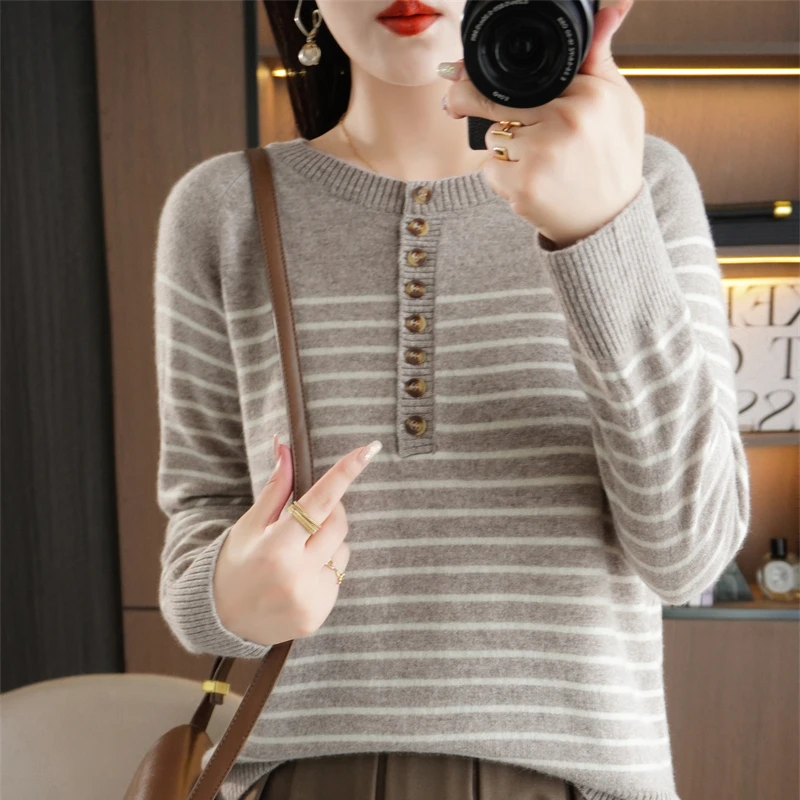 Women Sweater Autumn Winter O-neck Cotton Warm Loose Striped Buttons Long Sleeve Bottoming Shirt Casual Korean Pullovers Jumpers