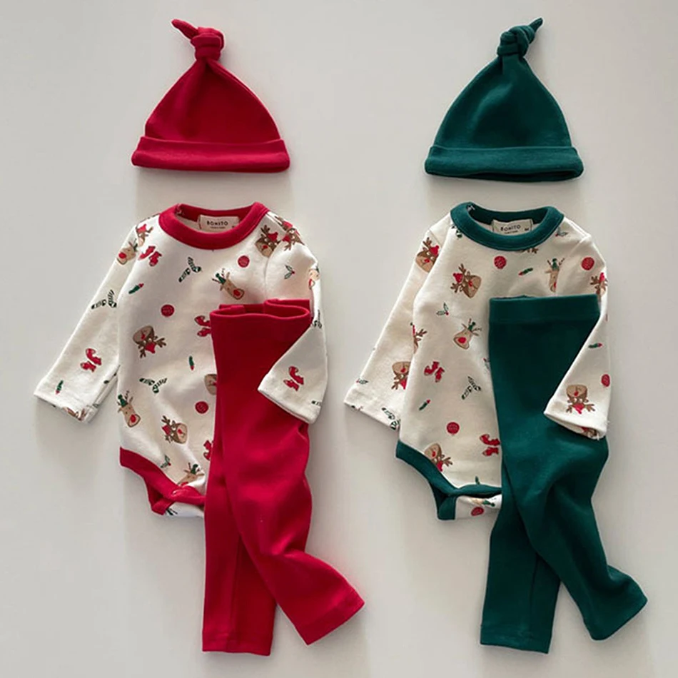 

Рождественский комбинезон с длинными рукавами для малышей, красная, зеленая шляпа, брюки, боди, костюм для маленьких девочек и мальчиков, милый комбинезон с мультяшным принтом