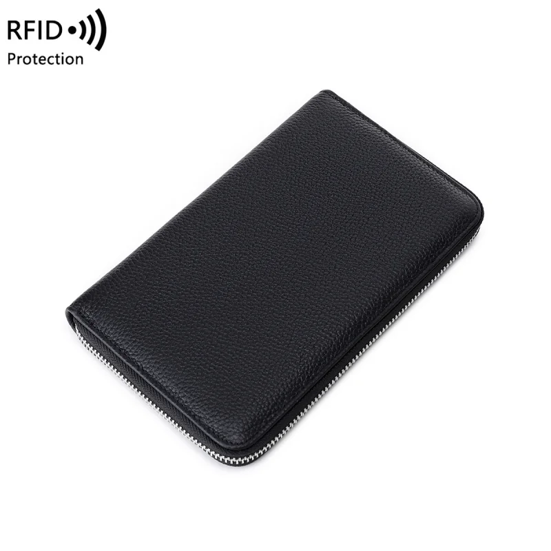 Western RFID Blocking Lychee Grain Passport Bag Cowhide Leather Women Wallet Large Capacity Long Purse for Mens