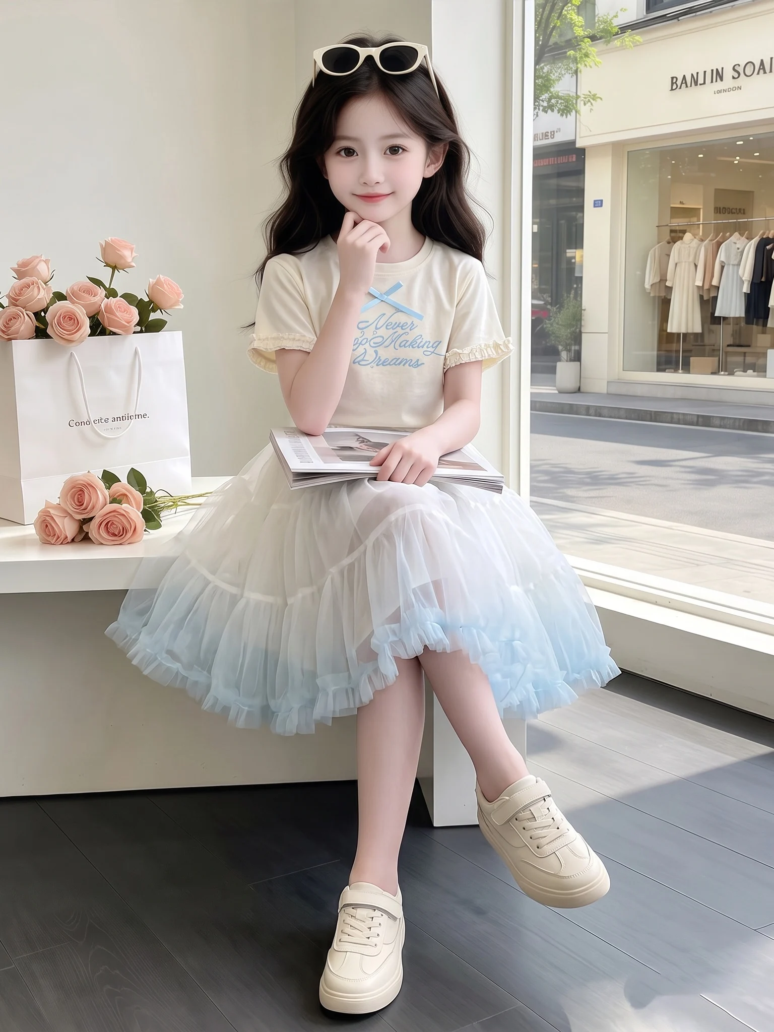 女の子夏カジュアル服スイートリボントリム半袖スカートセット2 - Summer Clothing Online のレビューと価格