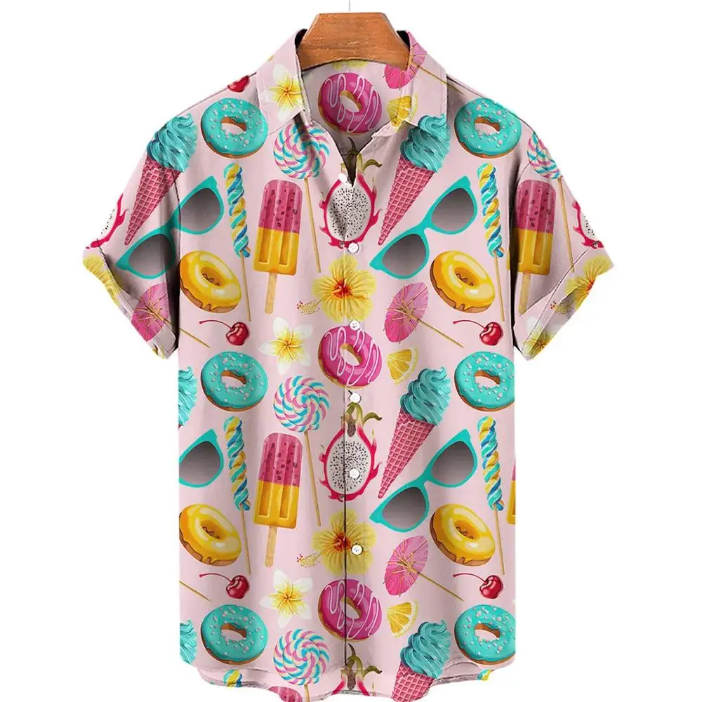 Ice Cream Colourway Print Summer Men's Shirts Casual Oversized Short Sleeve Fashion Single-Breasted Blouses Trend Men Clothing