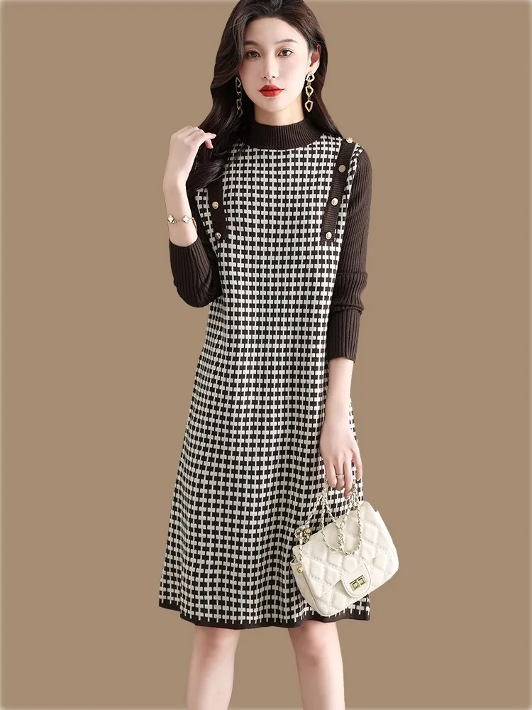 Camisola de malha feminina dr outono inverno novo sle xadrez midi dr camada base outerwear casaco saia combinando