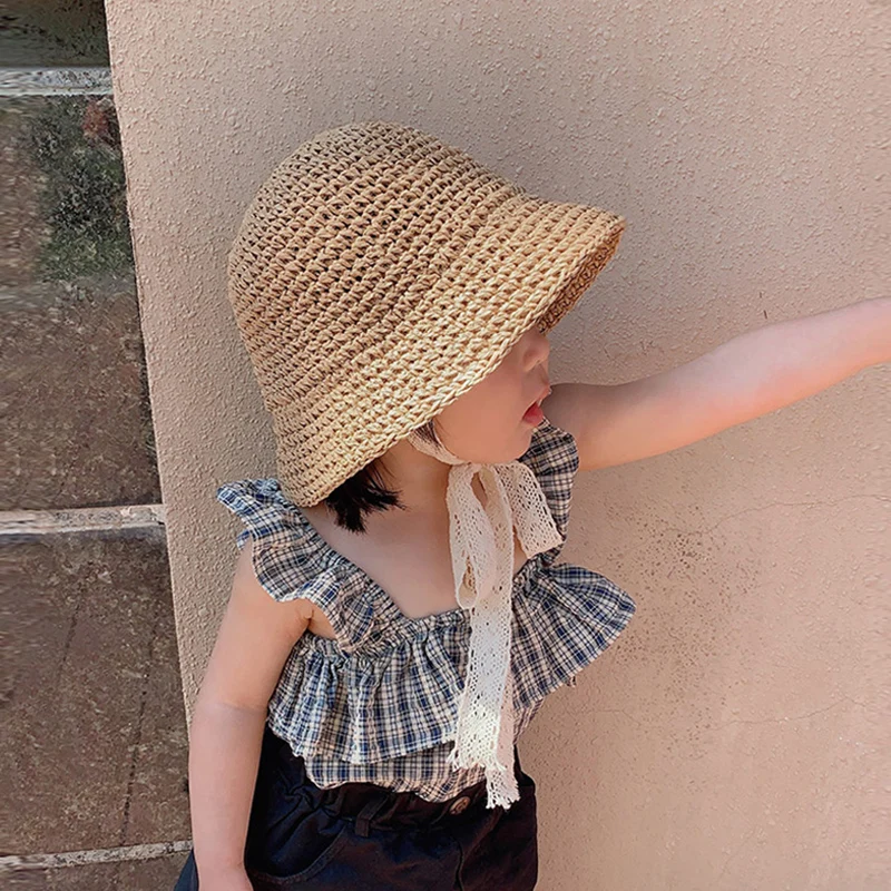 Summer Baby Sun Hat Lace Straw Kids Bucket Hats for Girls Accessories Beach Travel Children Cap Princess Baby Girl Hat 2-5Y