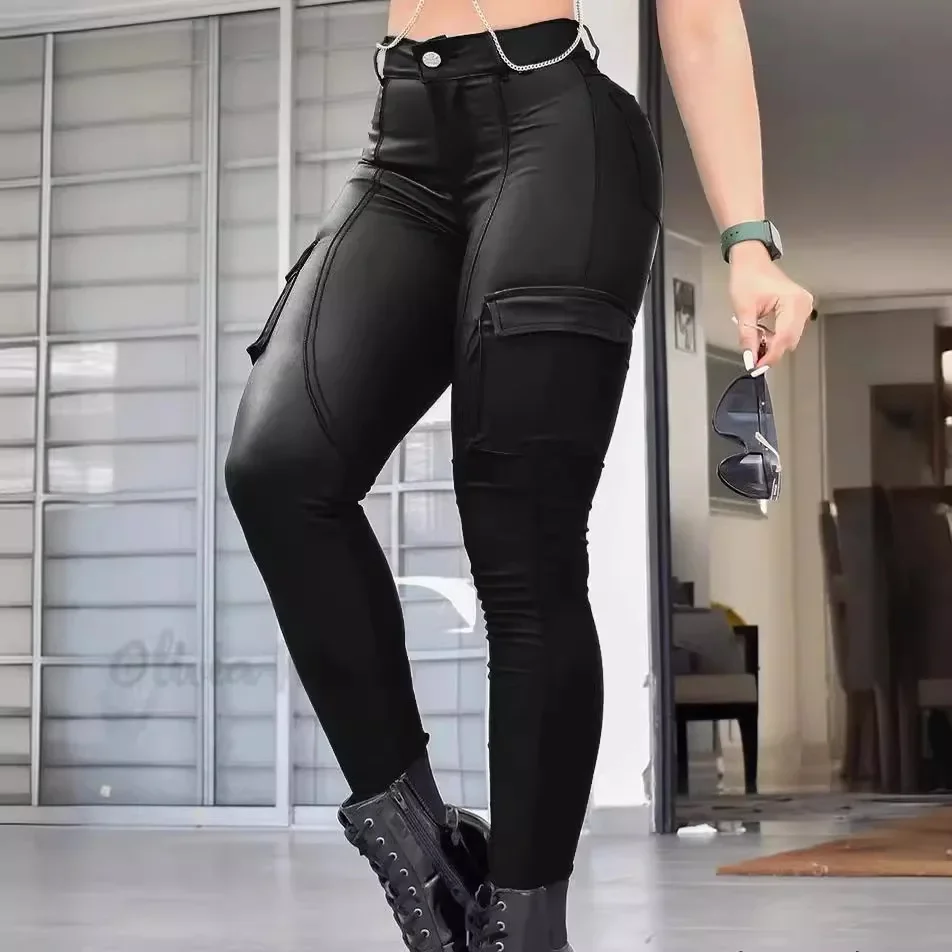 

2024 European and American Fashion Pocket Low-rise Long Leather Pants Black Matte Tight Casual Pants Trousers