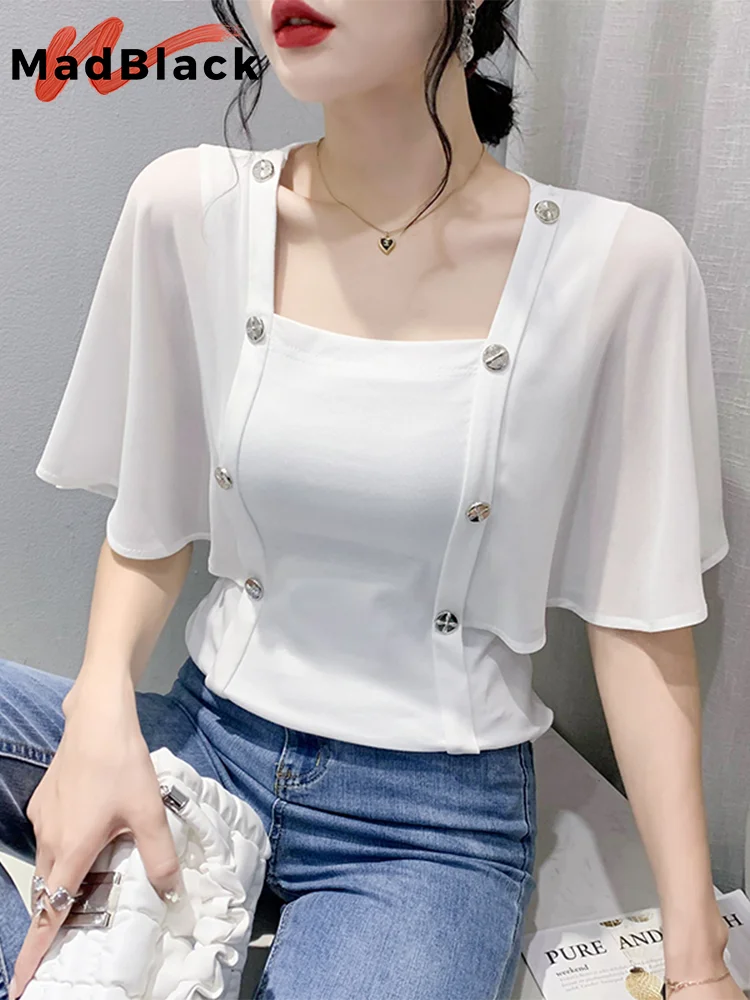 

MadBlack Summer European Clothes T-Shirt Ladies Chiffon Cape Diamonds Button Slim Tops Sunproof Half Sleeve Tees 2023 NewT34731M