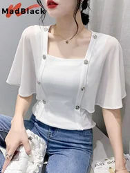 MadBlack Summer European Clothes T-Shirt Ladies Chiffon Cape Diamonds Button Slim Tops Sunproof Half Sleeve Tees 2023 NewT34731M