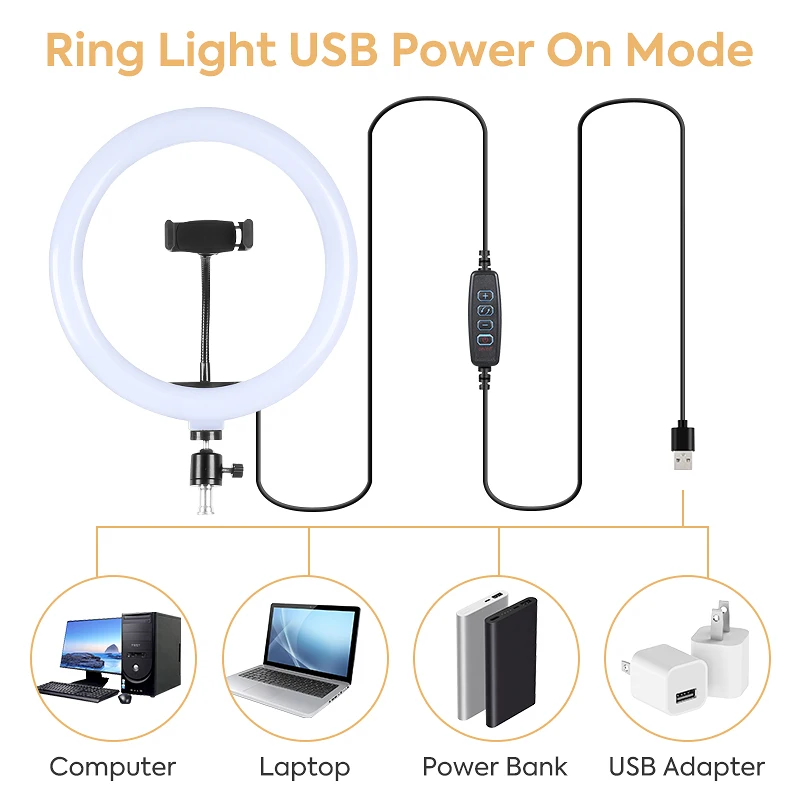 10 polegada usb alimentado anel de luz com suporte de mesa 3000k-6000k luz de preenchimento com suporte de telefone luzes de vídeo reguláveis para o alimento vlog