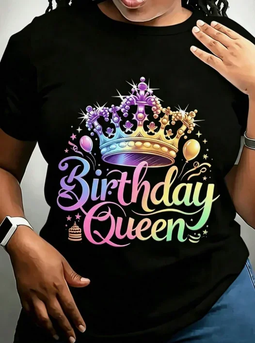 Birthday Queen Women T Shirt Golden Crown Graphic Printed Short Sleeve Tees Bday Party Outfits Casual Streetwear Female Clothing Plus Size Top