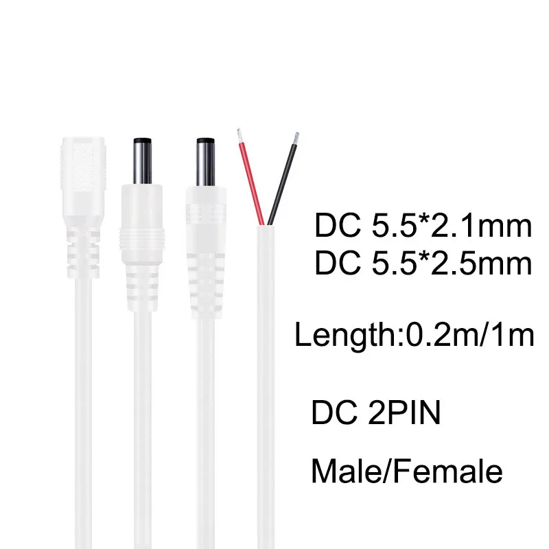 20cm 100cm white 18awg 7A DC Male Female connector 2pin wire cable Power Supply extension camera Cord 5.5mmx2.1mm 2.5mm Copper