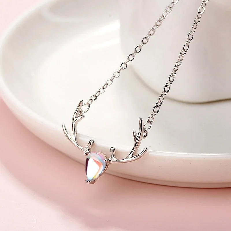 

925 Sterling Silver Necklace Classic Deer Moon Stone Nature Simple Elegant for Women Girl Jewelry Gift Dropshipping Wholesale