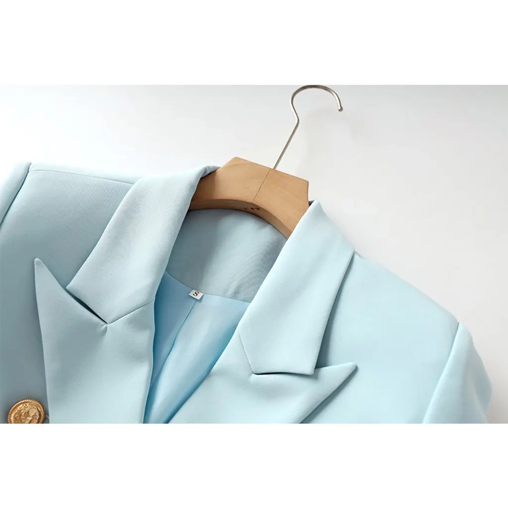 

Light Blue Double-Breasted Suit Jacket with Tie-Up Skirt Fashionable Two-Piece Set Independent Station