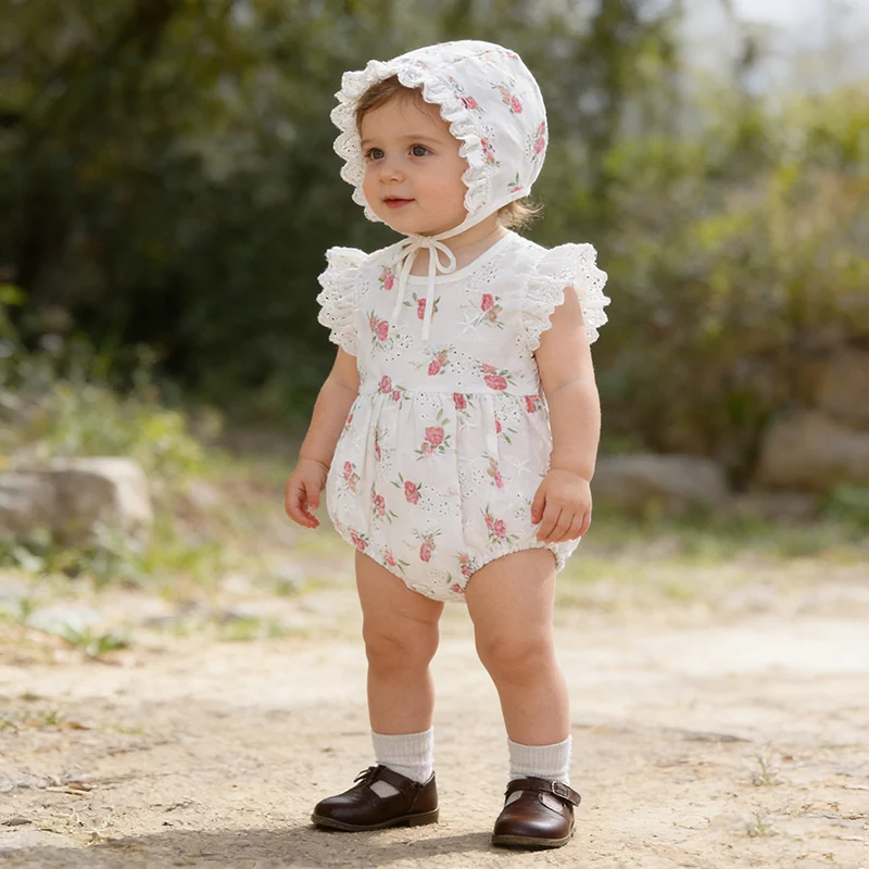 

2026 New Summer Newborn Baby Girl Romper+Hat Sleeveless Cotton Print Korean Style Climbing Suit 0-24M Baby Girl Clothing
