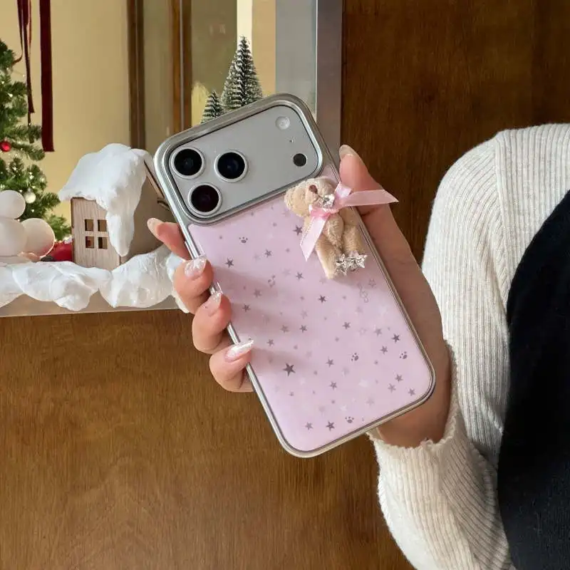 

Korean Pink Cute Little Star Phone Case For iPhone 17 Pro 16 15 14 Pro Max Back Cover with 3D Plush Rabbit Shockproof Cartoon Ca