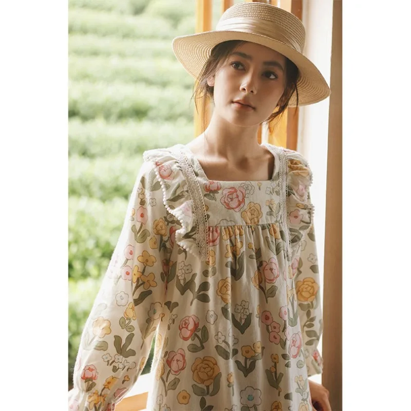 2023 Autumn Cotton Flower Fragrance Plant Print Night Dress Women\'s Soft Long Sleeve Pajama Skirt Brushed Fabric Lace Nightgowns