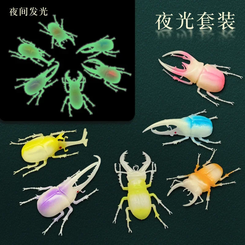 6Pcs Beetle Model Glow in the Dark Insect One horned Immortal Insect Colorful Beetle Simulation Model Children's CognitionToy