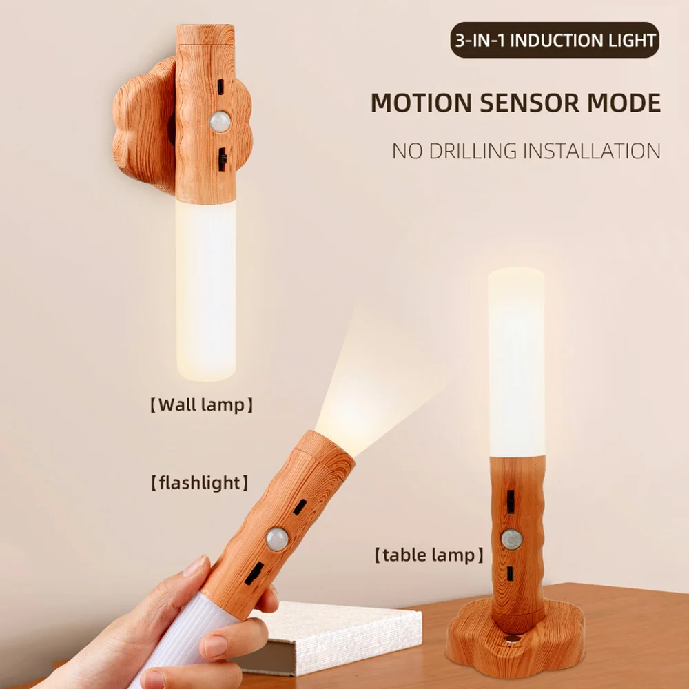 LED Warm Motion Sensor Wall Lamp Wireless Wood Stick Night Light Magnetic Corridor Cabinet Wardrobe Light Decor Home Light