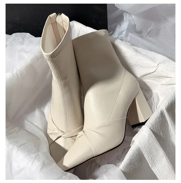 Buty damskie 2024 Winter Super High Heels Dress Shoes Bow Pointed Toe Retro Ankle Boots Chunky Heels Elastic Short Botas De Mujer