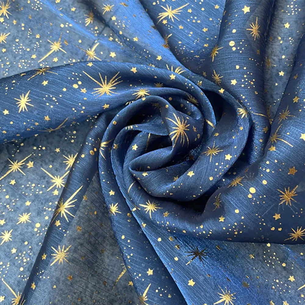 150x50cm Glitter Golden Gilded Star Moon Organza Fabric Wrinkle Sheer Crepe Tulle DIY For Sewing Women Dresses Garment Materials