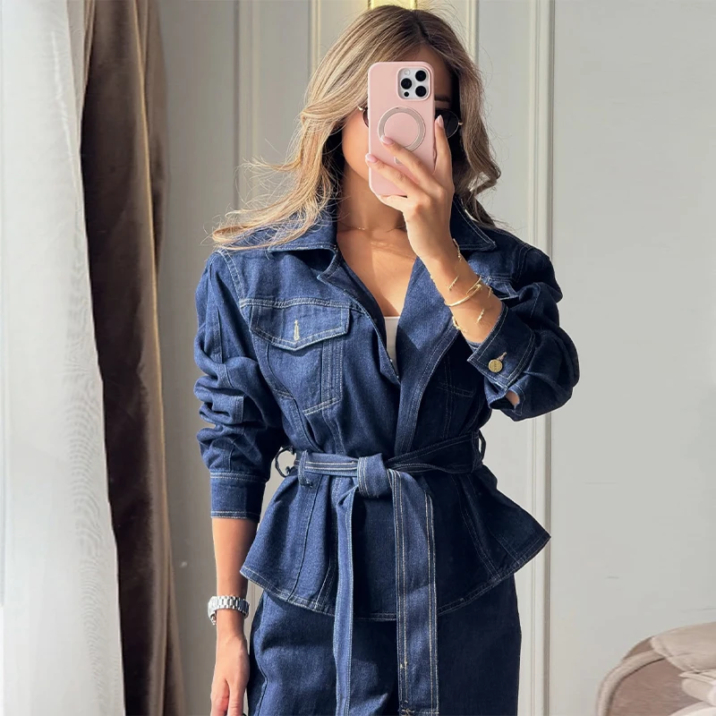 Revers-Taillenbetonende Schnür-Jeansjacken-Hosen-Sets für Damen, Street-Style, Langarm-Slim-Jacken, Weitbein-Hosen, Schicke Damen-Outfits – Detail 14