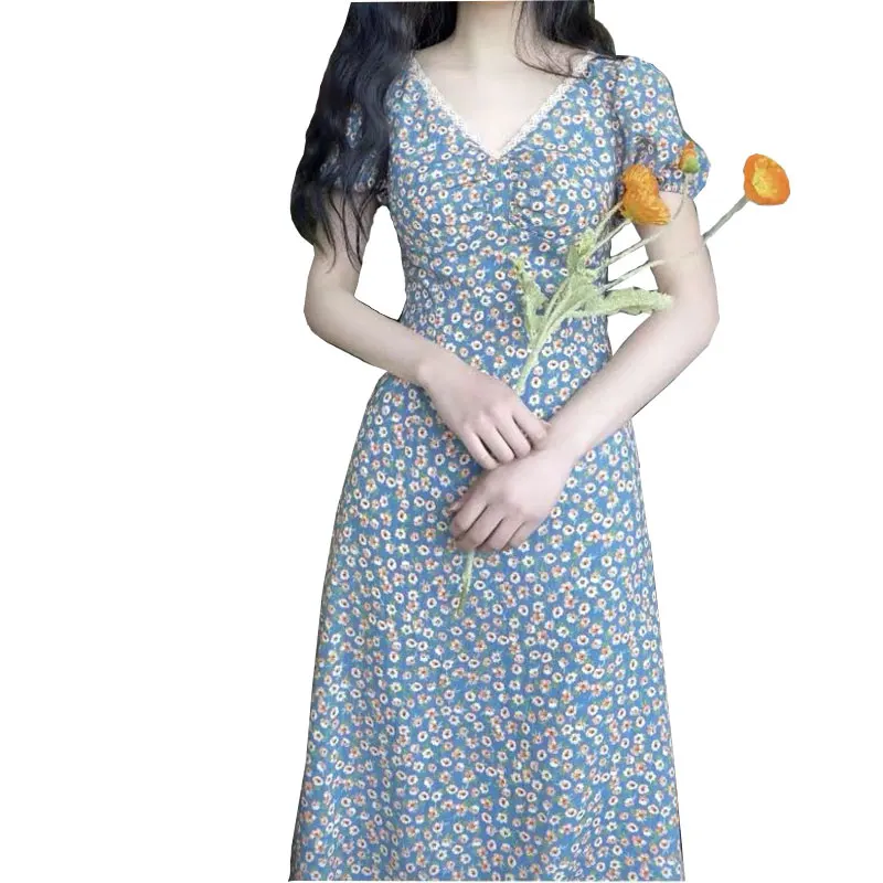 Damen bekleidung Mode Sommer neue Damen kleider V-Ausschnitt Kurzarm Print Media Blumen kleid