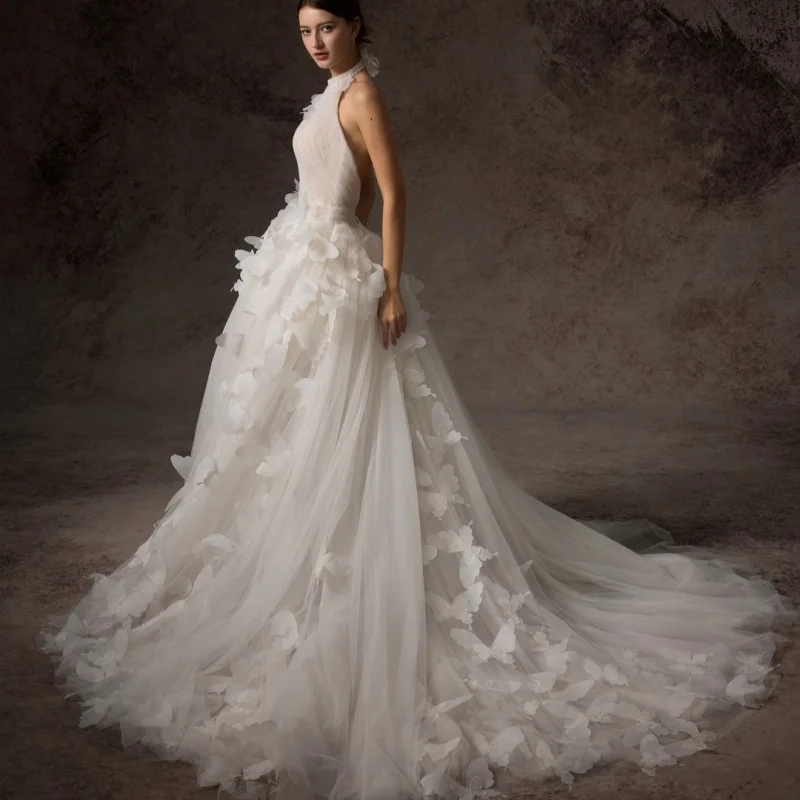 فساتين زفاف بيضاء خارج الكتف مشد صائق 3D فراشة صائق تنورة فساتين الزفاف متعدد الطبقات صنع ﻿ تخصيص