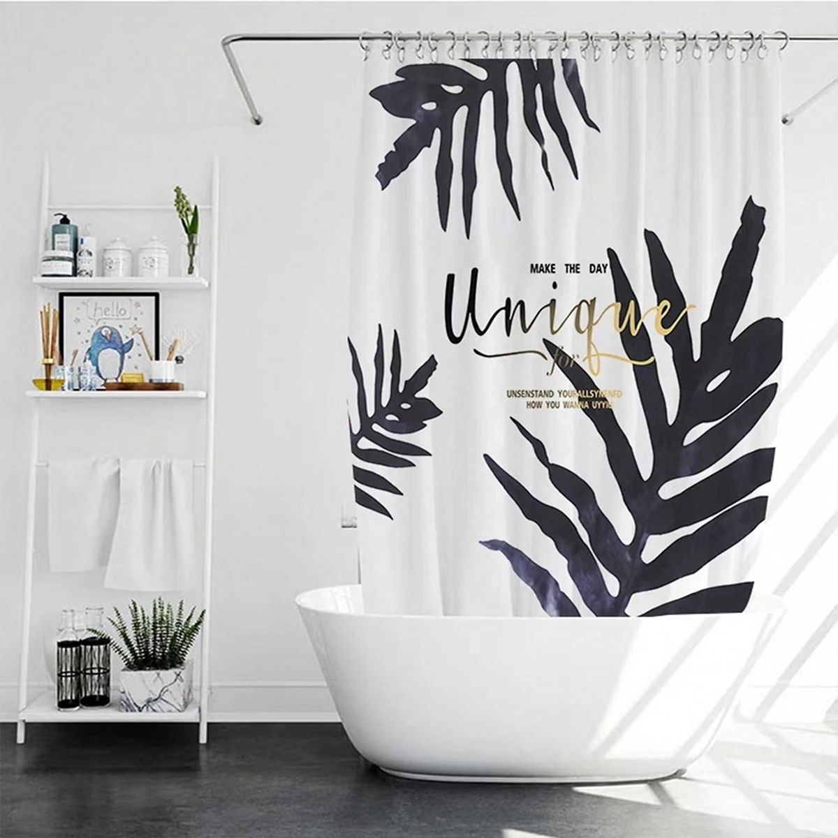1 pc black palm leaf pattern polyester material shower curtain waterproof fabric, thickened anti mold partition curtain, bat