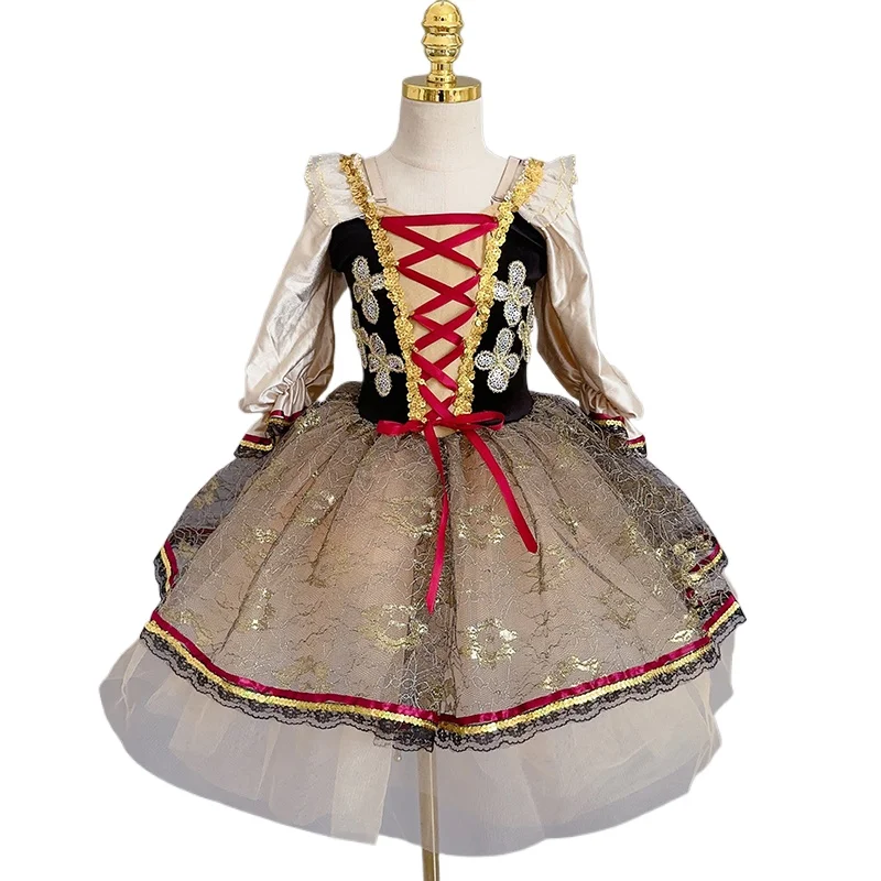 

Балетное платье для девушек, Золотое атласное танцевальное платье-пачка с длинным рукавом в стиле "Лолита", сценическое платье для выступлений