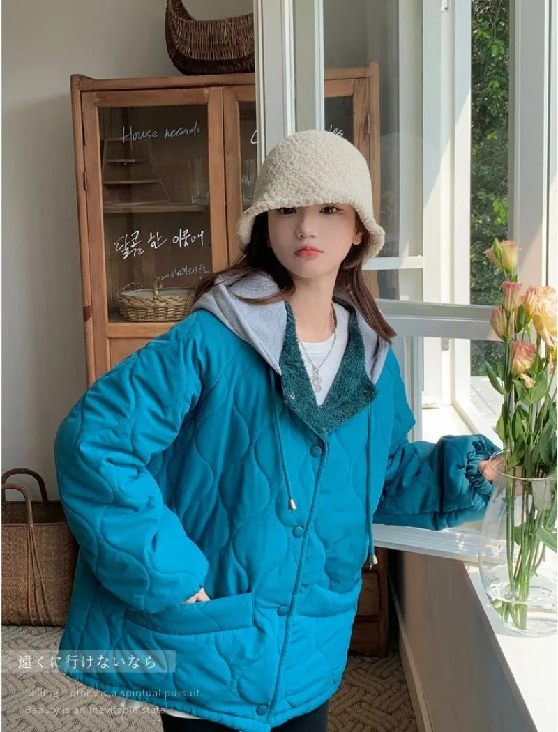 Clothes Korean Cotton-padded Jacket Women Winter O-neck Thicken Down Coat Female Loose Diamond Solid Casual Streetwear Parkas