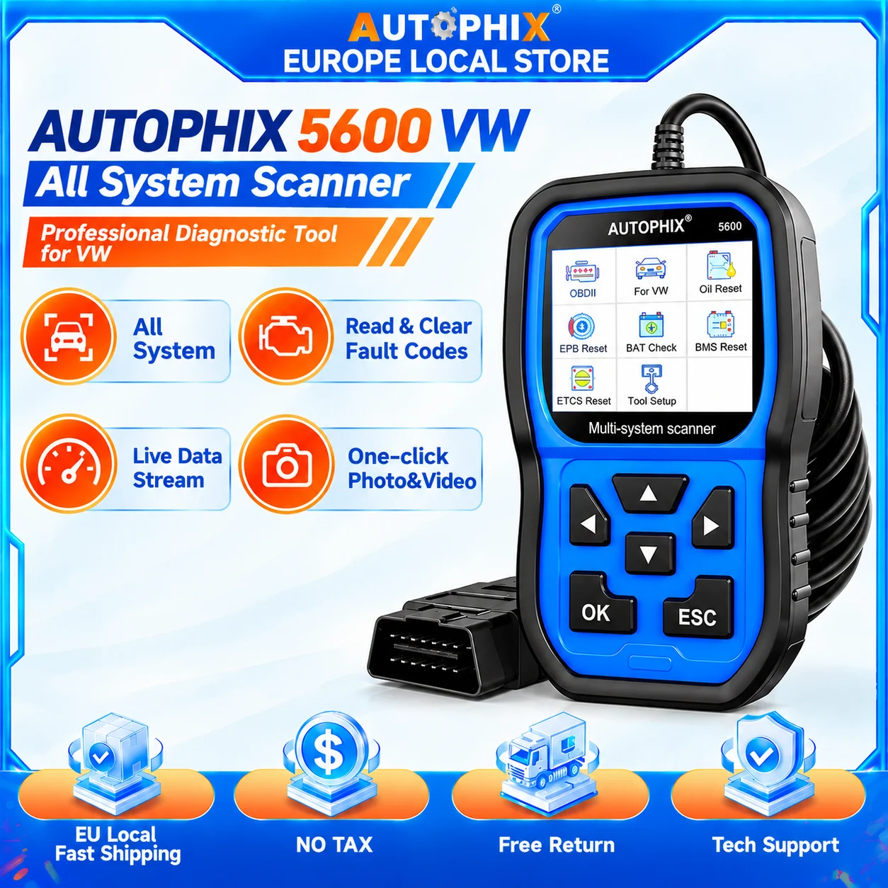 AUTOPHIX 5600 OBD2 autoscanner voor VW, Audi, Skoda, Seat, VAG, batterijregistratie, EPB, TPMS, olie reset, foutcodes lezen en wissen, volledige systeemdiagnose.