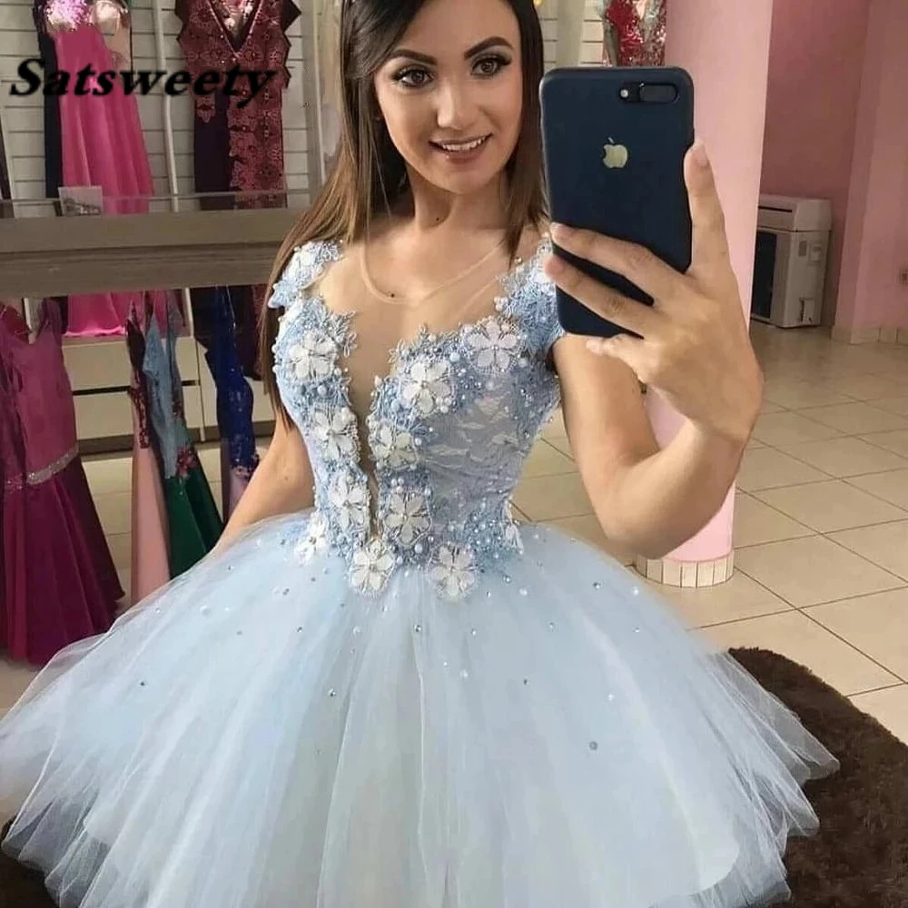 Sheer Neck Short Homecoming Dresses Vestidos de festa Fashion Lace 3D Flower Short Graduation Formal Party Gowns