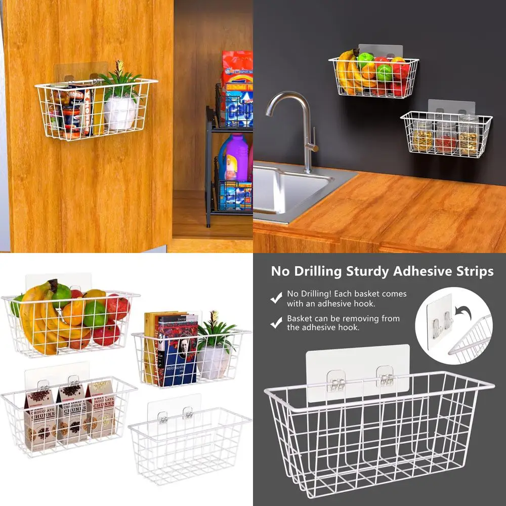 

Adhesive Wall Baskets Set of 4 - White, No Drill Kitchen, Cabinet, Pantry, and Storage Organizers for Home Use