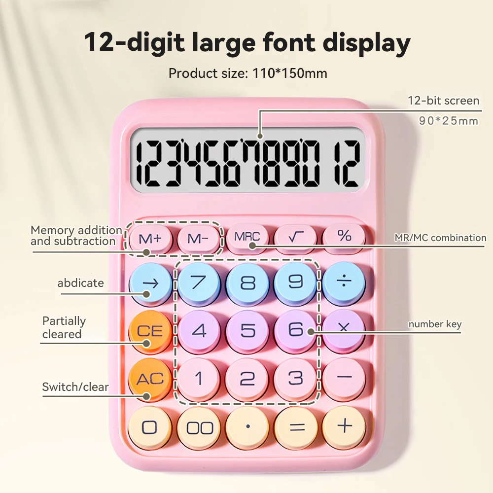 Imagem -04 - Calculadora de Cores Display Lcd Grande de 12 Dígitos Botão Redondo Grande Calculadora Colorida de Doces Adequada para Escritório e Escola