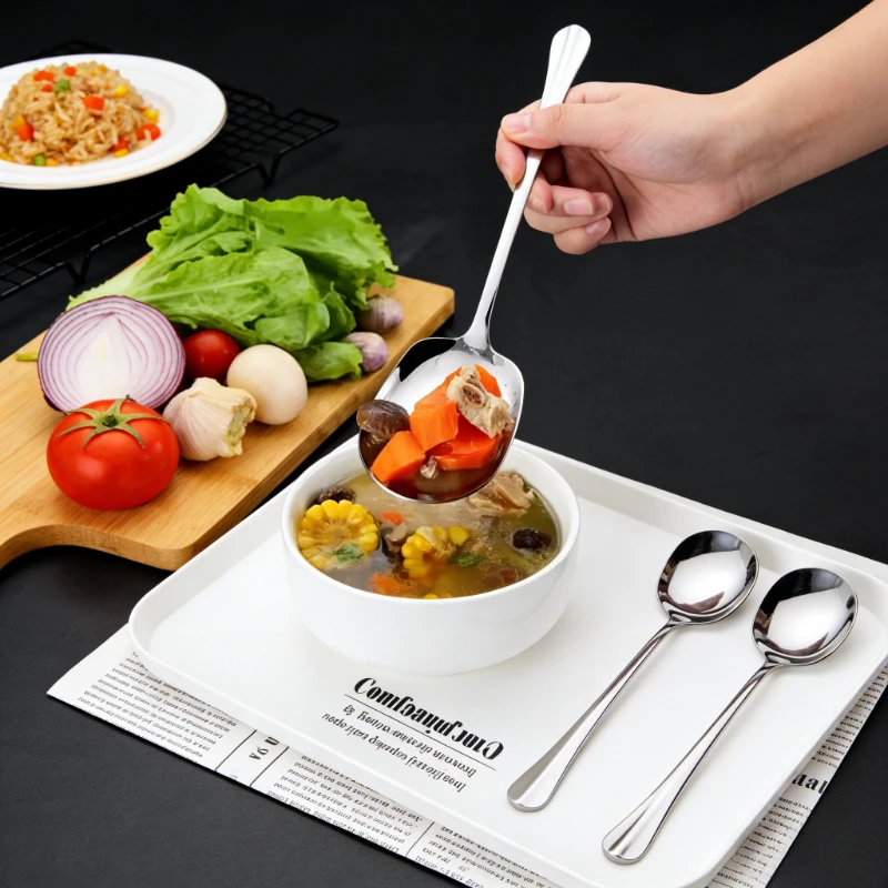 Stainless Steel Long Handle Serving Spoon - Large Soup, Salad, and Pasta Spoon for Kitchen, Cooking, and Serving