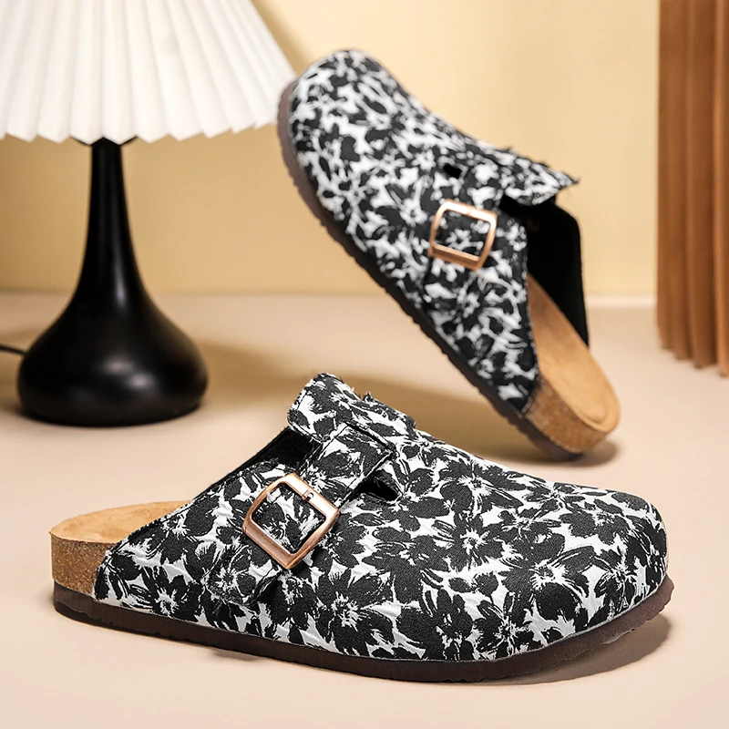 Mens Wide Box Toe Slippers Closed Toe Cork Sandals Backless Clogs Comfort Health Footbed Fashion Slip-on Mules Indoor Outdoor