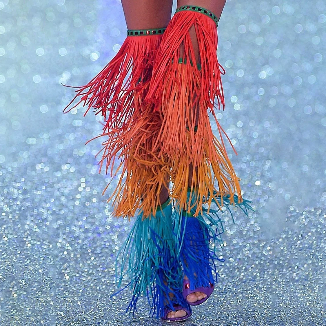 Multicolor Fringe High Heel over the Knee Boots Stilettos Heel Sandals Peep Toe Women Summer Shoes for Festival Party Stage