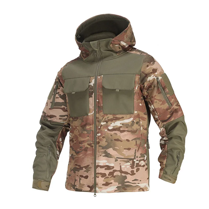 Camo Tactical Jackets Men Outdoor Waterproof Multi-pocket Hooded Cargo Jacket Military Shark Skin Soft Shell Wear-resistant Coat