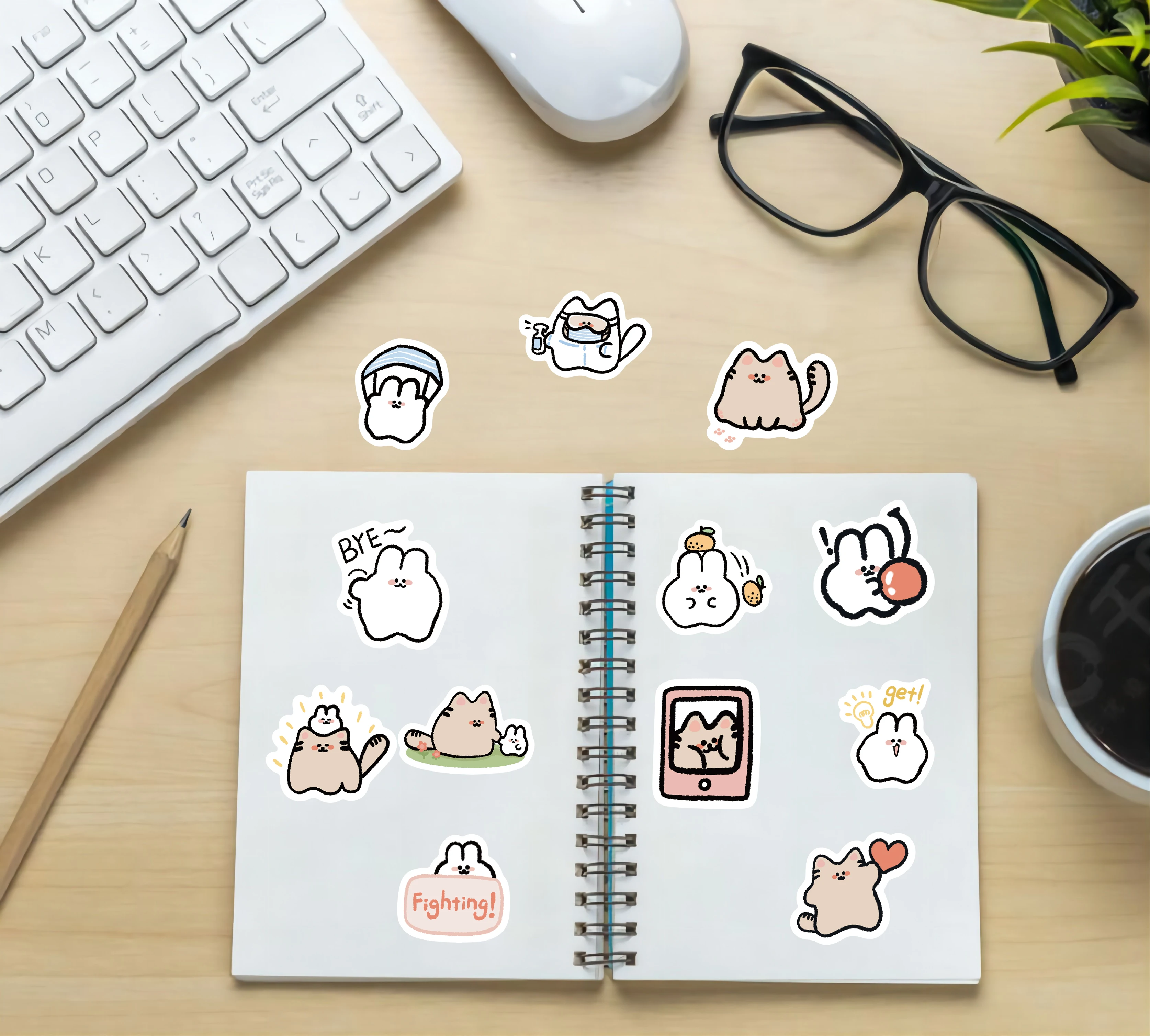 60st Schattige Kat & Konijn Kawaii Stickers Vintage Voor Diy Kids Notebook Bagage Motorfiets Laptop Koelkast Stickers Graffiti