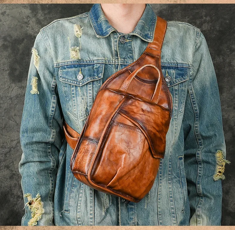 

Handcrafted Leather Chest Bag with Vegetable Tanned Cowhide and Rubbed Color