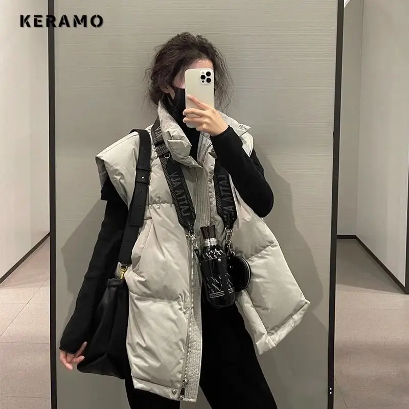 Imagem -02 - Colete Folgado Estilo Casual Coreano Feminino Bolsos sem Mangas Jaqueta com Zíper Decote em v Cabolsa Monocromático Outono Inverno 2023