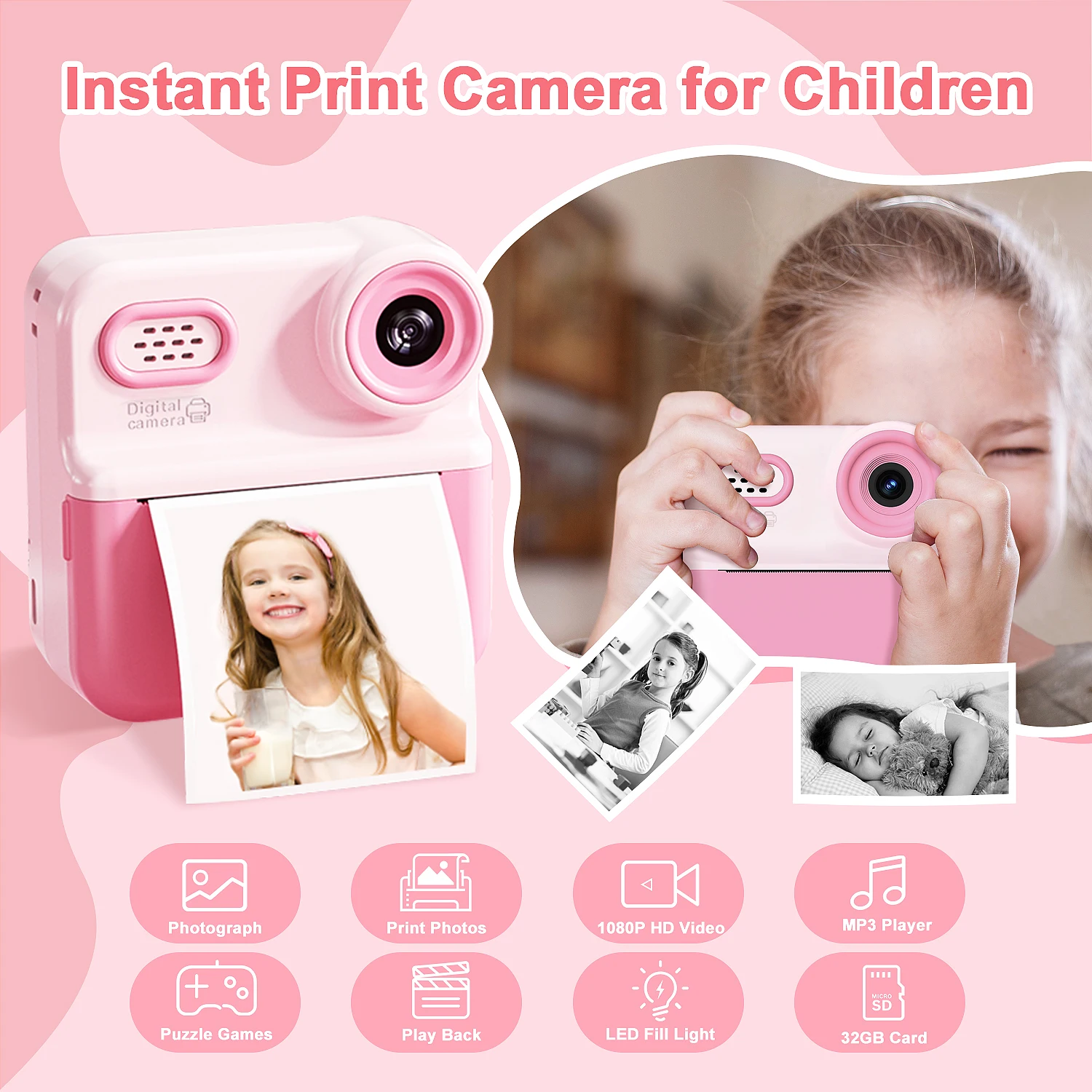 Macchina fotografica per stampante termica Y600 S5 Q5 P03 Foto istantanea portatile Stampa HD Videocamera Videogiochi Musica Regalo per bambini